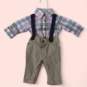 Newborn Boy Carter’s 2 Piece Easter Outfit Bodysuit Polo Khaki Suspender Pants